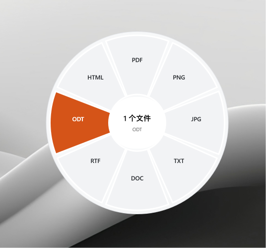 Format wheel for a document, with ODT highlighted among HTML, PDF, PNG, JPG, TXT, DOC and RTF.